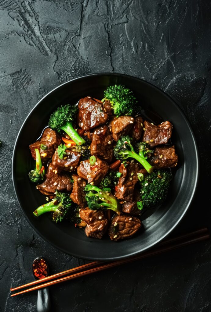 Top view of dish with broccoli, carrot and beef stir fry with soy sauce in black plate on black concrete background, banner with copy space, healthy and delicious asian cuisine.